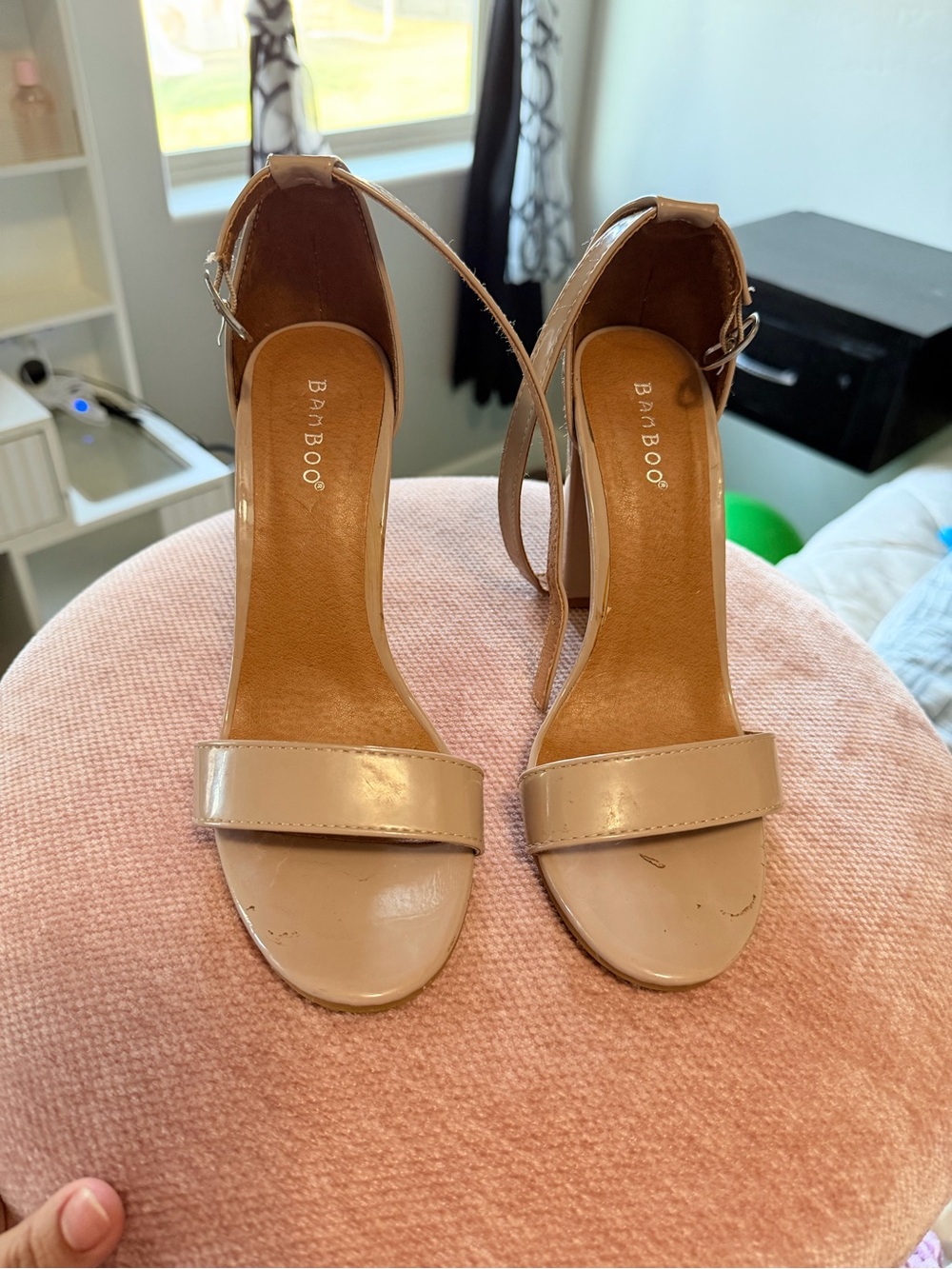 BAMBOO Beige Patent Open-Toe Ankle Strap Heels